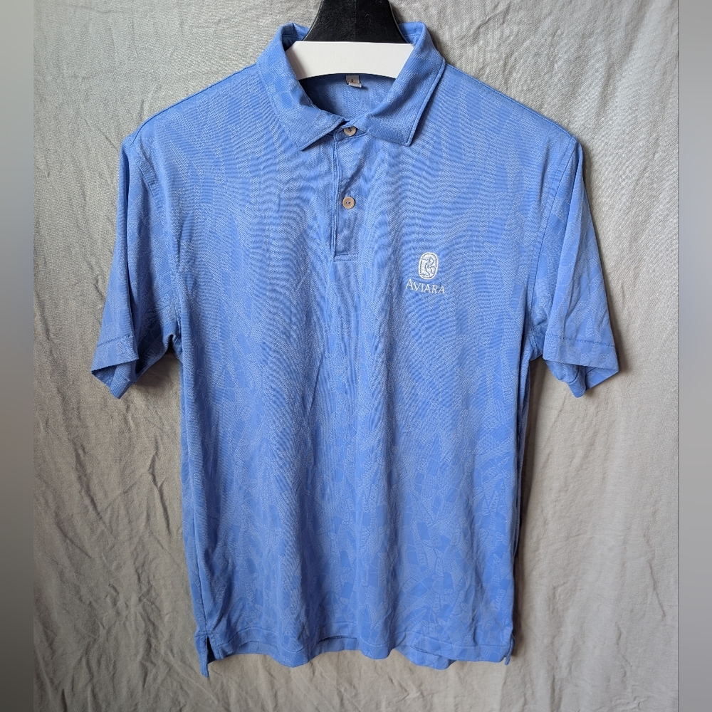PETER MILLAR Polo Crown Sport Stretch Golf Palm Leaves BLUE Men Small Aviara